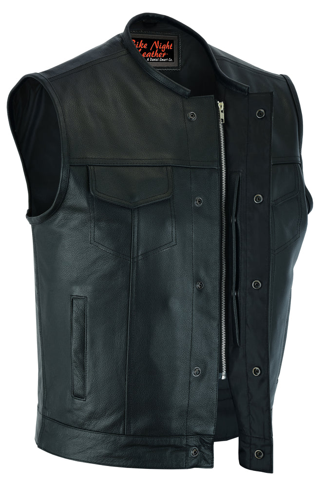 Daniel Smart Concealed Snap Closure, Without Collar & Hidden Zipper black cowhide leather sleeveless jacket with front pockets, zippered closure, and concealed carry pockets. Perfect for biker gear enthusiasts.