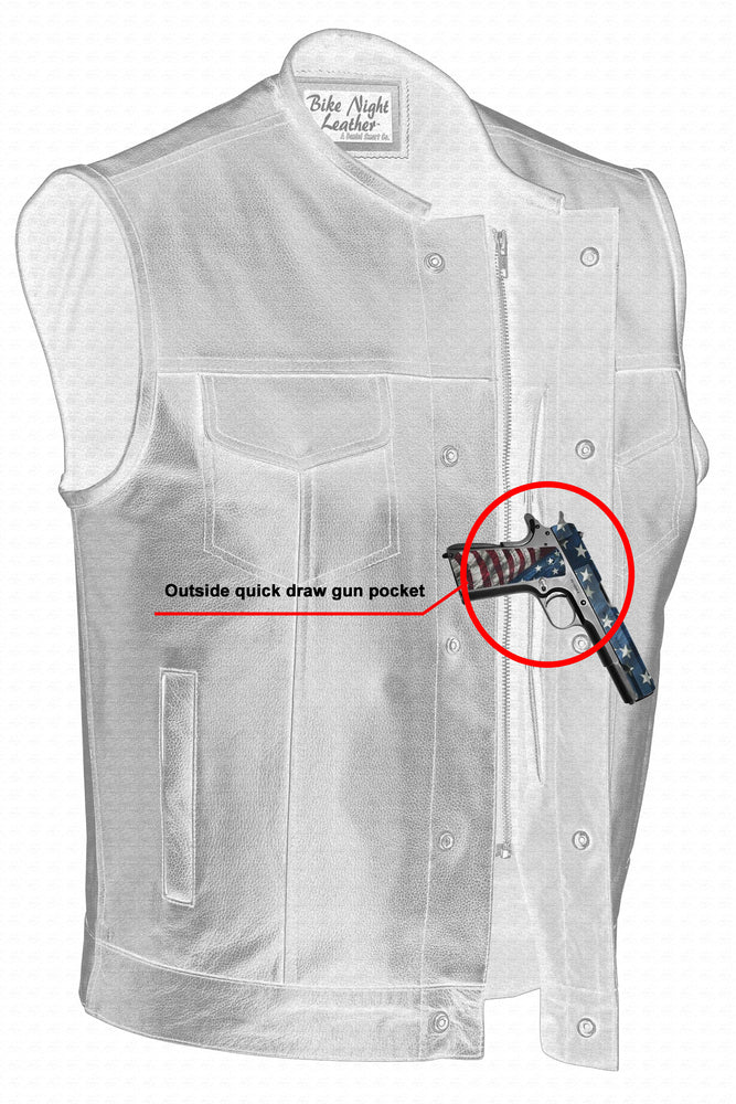 A leather biker vest, crafted from premium cowhide leather, features an "Outside quick draw gun pocket" on the front left side, displaying a handgun partially inserted into the pocket. This essential piece of biker gear ensures convenience and style for riders. The product is named Daniel Smart Concealed Snap Closure, Without Collar & Hidden Zipper.