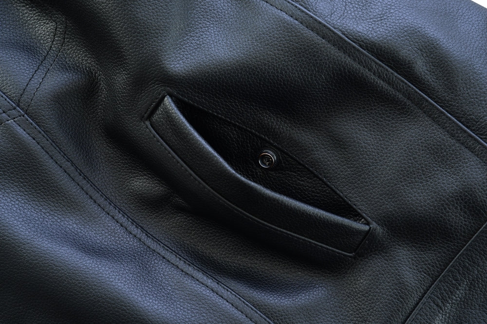 Close-up of a black cowhide leather jacket showcasing a pocket with a button snap closure, the Daniel Smart Concealed Snap Closure, Without Collar & Hidden Zipper, perfect biker gear for those who prefer both style and durability.