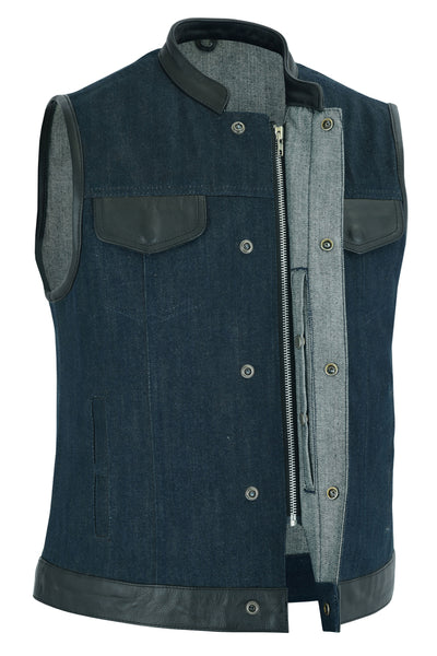 A Daniel Smart Women's Broken Blue Rough Rub-Off Raw Finish Denim Vest with Leather featuring a zippered front, multiple pockets, reinforced shoulder support, and a high collar, isolated on a white background.