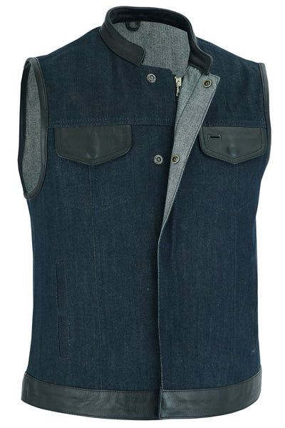 Daniel Smart Women's Broken Blue Rough Rub-Off Raw Finish Denim Vest W/Leather with chest pockets, a zipper, concealed gun pockets, and a buttoned collar, isolated on a white background.