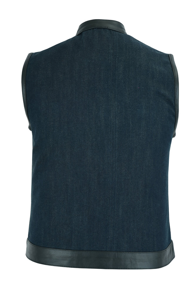 Back view of a sleeveless Daniel Smart Women's Broken Blue Rough Rub-Off Raw Finish Denim Vest W/Leath with a rounded collar and black trim on a plain background.