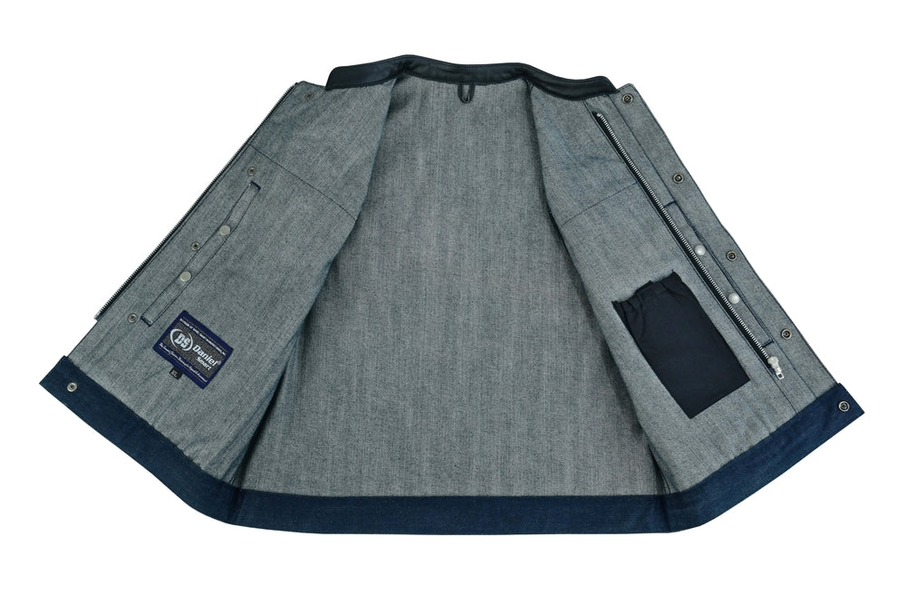 A gray pleated kilt with navy trim, button details, and concealed gun pockets, isolated on a white background.