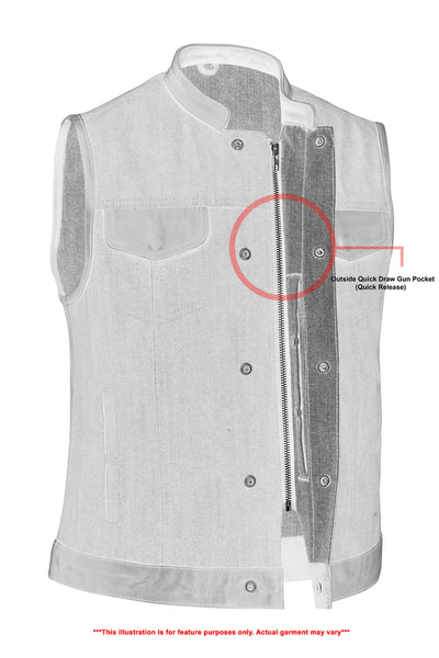 Technical illustration of a Daniel Smart Women's Broken Blue Rough Rub-Off Raw Finish Denim Vest W/Leath featuring a concealed gun pocket on the right side, highlighted by a red circle. Text notes indicate the image is for feature purposes only.