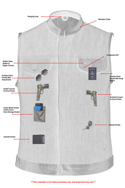 Illustration of a Daniel Smart Women's Broken Blue Rough Rub-Off Raw Finish Denim Vest W/Leather highlighting various features like hanging loop, mandarin collar, multiple pockets with zippers, reinforced shoulder support, and a sun glasses slit; labeled for clarity.