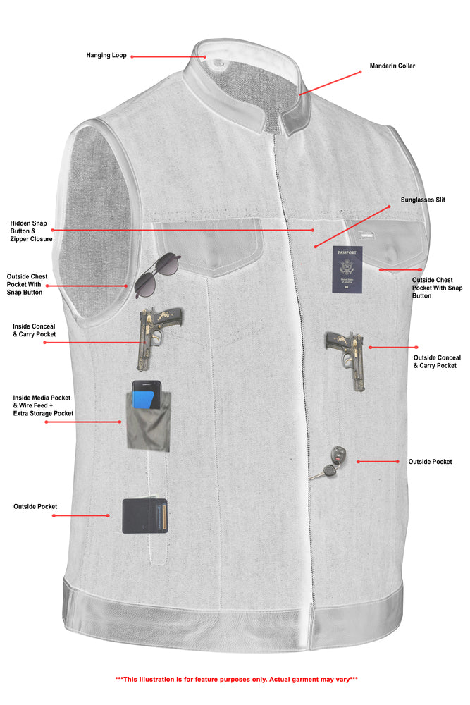 Technical illustration of a Daniel Smart Women's Broken Blue Rough Rub-Off Raw Finish Denim Vest W/Leather highlighting various features such as multiple pockets, a mandarin collar, reinforced shoulder support, and a zipper closure.
