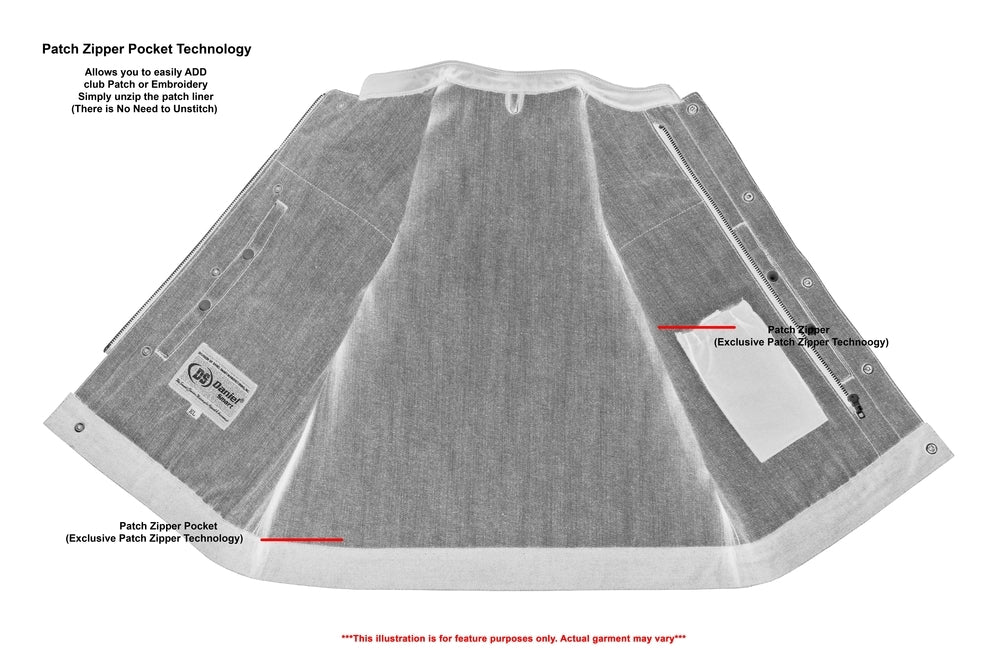 Gray Daniel Smart Women's Broken Blue Rough Rub-Off Raw Finish Denim Vest W/Leath laid flat showcasing its unique patch zipper pocket technology on the front and reinforced shoulder support.