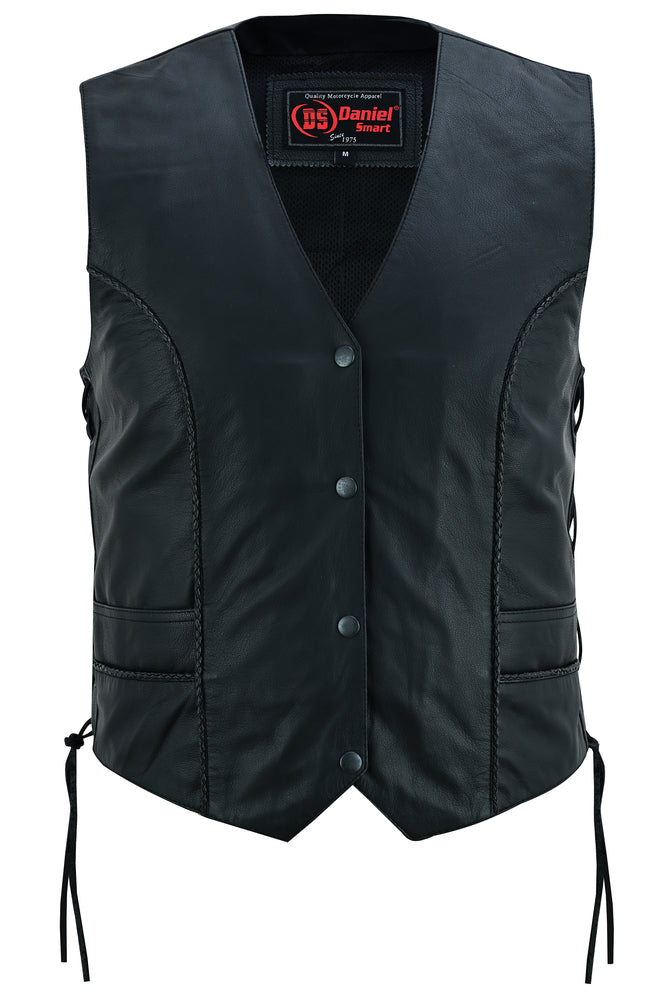 The Daniel Smart Women's Ultra-Thin Braided Vest is crafted from Soft Drum Dyed Goat Leather and features snap buttons, two front pockets, and side laces. For added functionality, it includes concealed gun pockets.