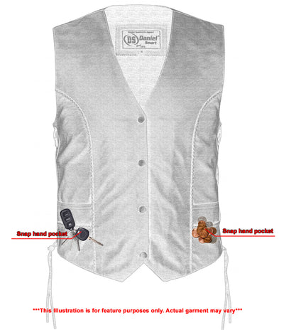 Illustration of the Daniel Smart Women's Ultra-Thin Braided Vest in gray, featuring snap hand pockets. One pocket shows a set of keys while the other holds coins. Constructed from Soft Drum Dyed Goat Leather, this vest includes side laces for an adjustable fit. Text at the bottom indicates this is for feature purposes only and actual garments may vary.