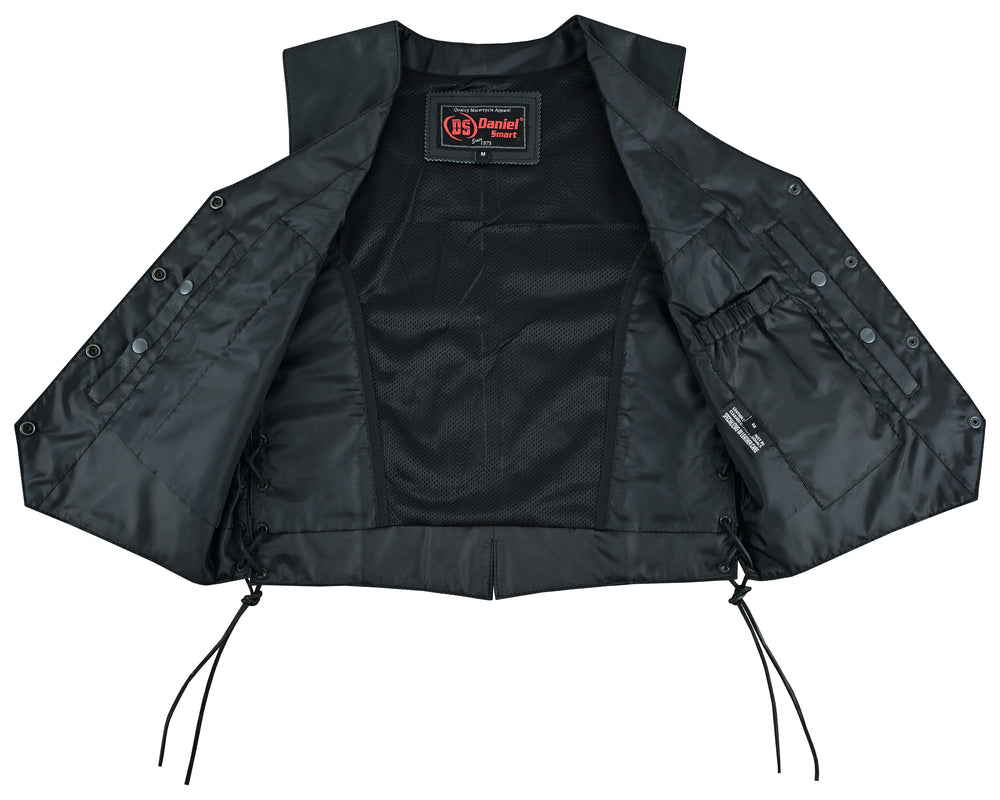 The Daniel Smart Women's Ultra-Thin Braided Vest is a black, sleeveless jacket made from Soft Drum Dyed Goat Leather. It has an open front that reveals an inner mesh lining and multiple inner pockets. The vest features side laces for an adjustable fit and a branded label inside the back collar.