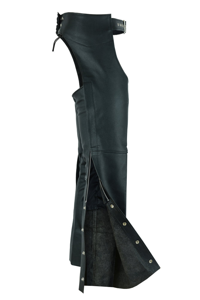 A heavy-duty black leather apron with a zipper on the side made of Daniel Smart Unisex Basic Coin Pocket Leather Chaps.