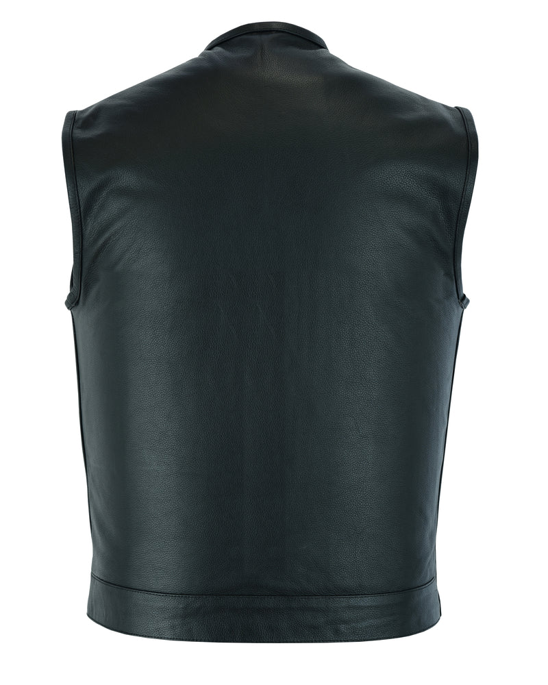 Rear view of a black cowhide leather sleeveless vest with a high collar, straight hem, and concealed carry pockets: Daniel Smart Concealed Snap Closure, Without Collar & Hidden Zipper.