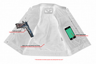 Illustration of a Daniel Smart concealed carry vest laid flat, showcasing inside pockets with a gun and smartphone, and a red line indicating the heavy-duty lining.