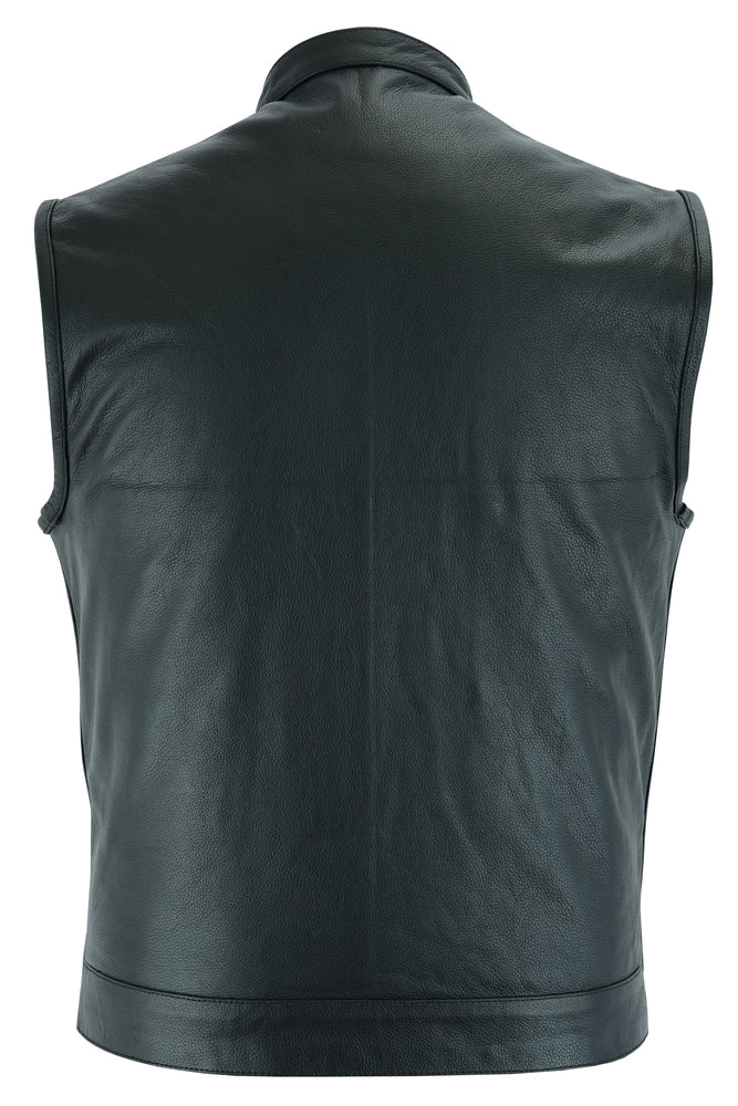 Back view of a Daniel Smart Concealed Snap Closure, Scoop Collar & Hidden Zipper black leather biker vest with no sleeves and a smooth texture, displayed on a plain background.