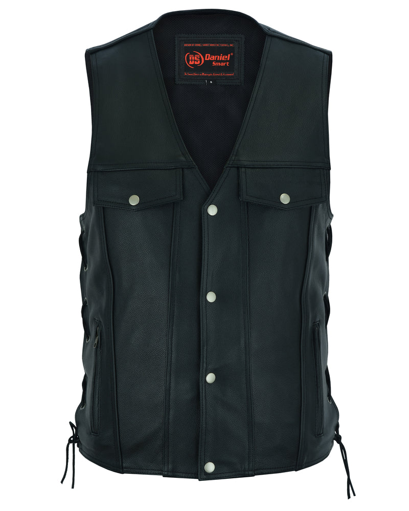 Daniel Smart Men's Black Leather Vest with Side Laces and Gun Pockets