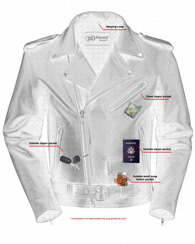 An illustration of the Daniel Smart Motorcycle Armored Classic Biker Leather Jacket, highlighting its retro design and labeled pockets containing a passport, car keys, cash, and a wallet. It also features discreet concealed gun pockets for enhanced versatility.