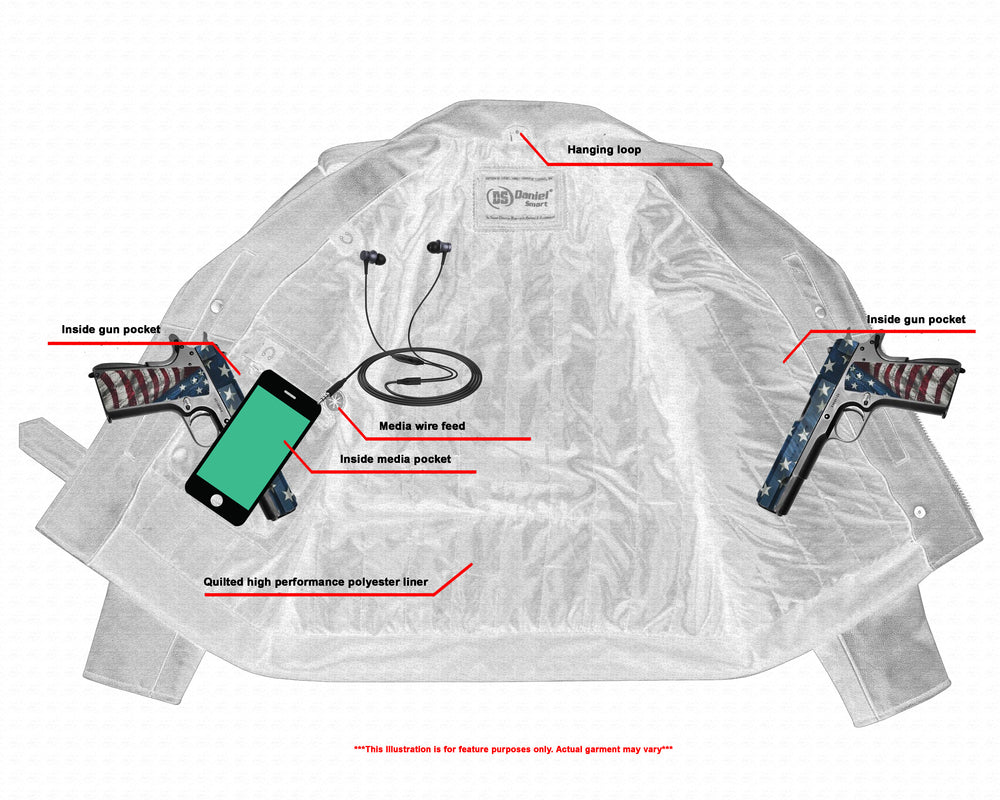 The Daniel Smart Motorcycle Armored Classic Biker Leather Jacket is shown with its features on display, including two concealed gun pockets, an inside media pocket for phone and earphones, a quilted high-performance polyester liner, and a hanging loop.