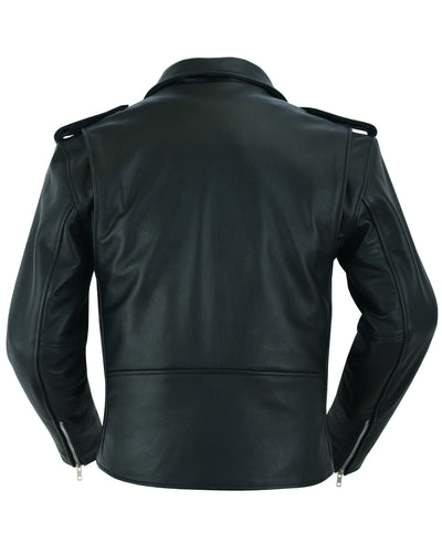 The back view of the Daniel Smart Motorcycle Armored Classic Biker Leather Jacket showcases a retro design with epaulettes, side zippers on the sleeves, and concealed gun pockets for added functionality.