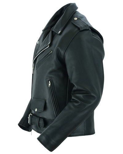 The Daniel Smart Motorcycle Armored Classic Biker Leather Jacket is a black leather jacket with a retro design, featuring silver zippers and buttons, a notched collar, concealed gun pockets, and a belted waist.