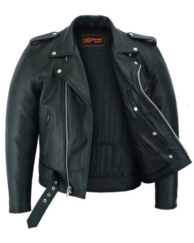 The Daniel Smart Motorcycle Armored Classic Biker Leather Jacket combines retro design with practicality, featuring a striking black leather look accented by silver zippers and snaps. It includes an open front, a waist belt, and discreet concealed gun pockets for enhanced versatility.