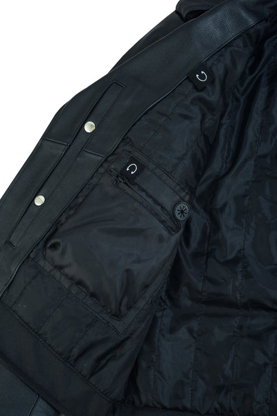 Inside view of the Daniel Smart Motorcycle Armored Classic Biker Leather Jacket featuring a retro design, complete with a buttoned inner pocket and quilted lining.