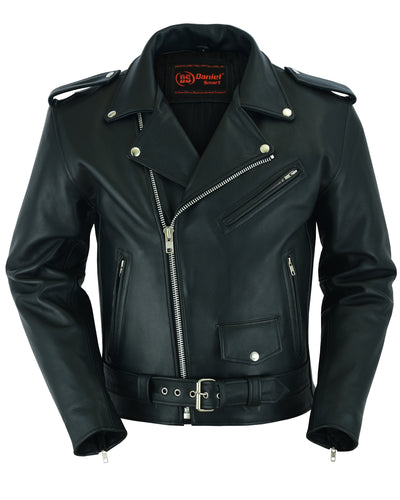 The Daniel Smart Motorcycle Armored Classic Biker Leather Jacket is a premium piece crafted from black cowhide leather, featuring silver zippers, snap buttons, and a waist belt. This jacket includes two side pockets, one chest pocket, shoulder epaulets, and concealed gun pockets for added functionality.