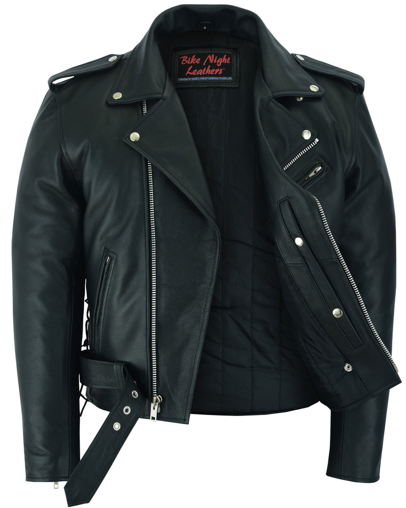 Daniel Smart Economy Motorcycle Classic Biker Leather Jacket with silver zippers, a belted waist, and concealed carry pockets.