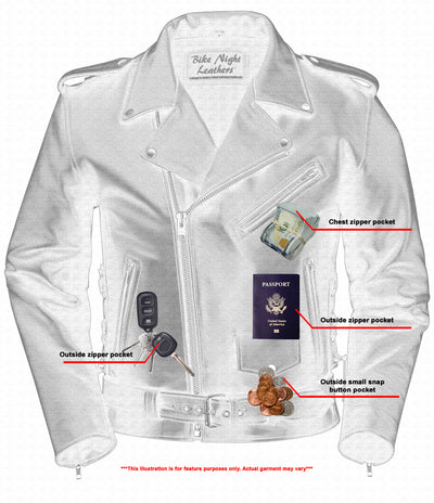 Illustration of a Daniel Smart Economy Motorcycle Classic Biker Leather Jacket - Side Laces highlighting various pockets with items such as a passport, keys, and coins.