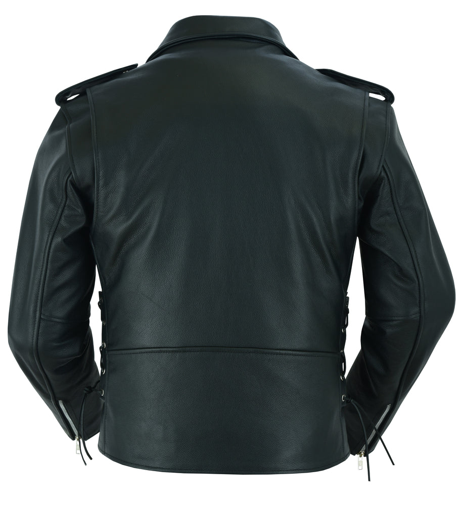 Daniel Smart Economy Motorcycle Classic Biker Leather Jacket - Side Laces photographed from the back with zippers, adjustable waist straps, and a concealed carry pocket.