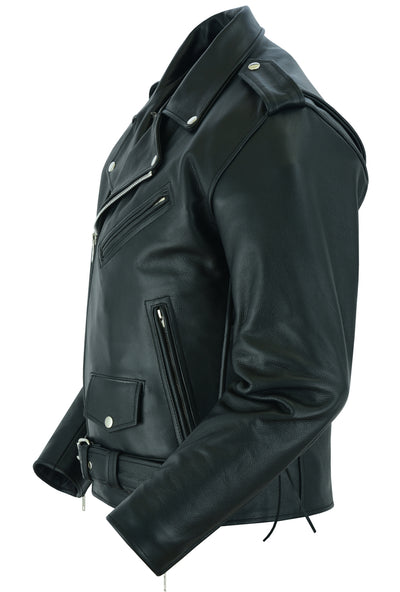 Sentence with updated product name: Daniel Smart Economy Motorcycle Classic Biker Leather Jacket - Side Laces designed for concealed carry displayed on a mannequin with no head visible.