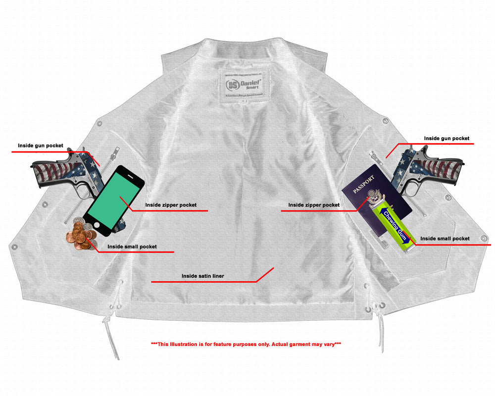 Illustration of a Daniel Smart Men's Ten Pocket Utility Vest's interior with labeled conceal carry pockets, a zipper pocket, a small pocket, and utility vests.