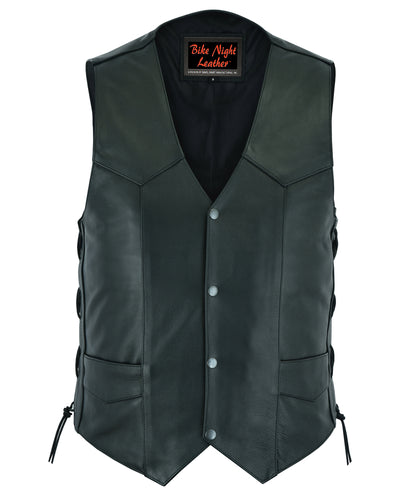 Daniel Smart Men's Side Lace Economy Vest displayed head-on with a v-neck, button front, and side laces, featuring an interior label that reads "bike night leather", ideal for motorcycle accessories.