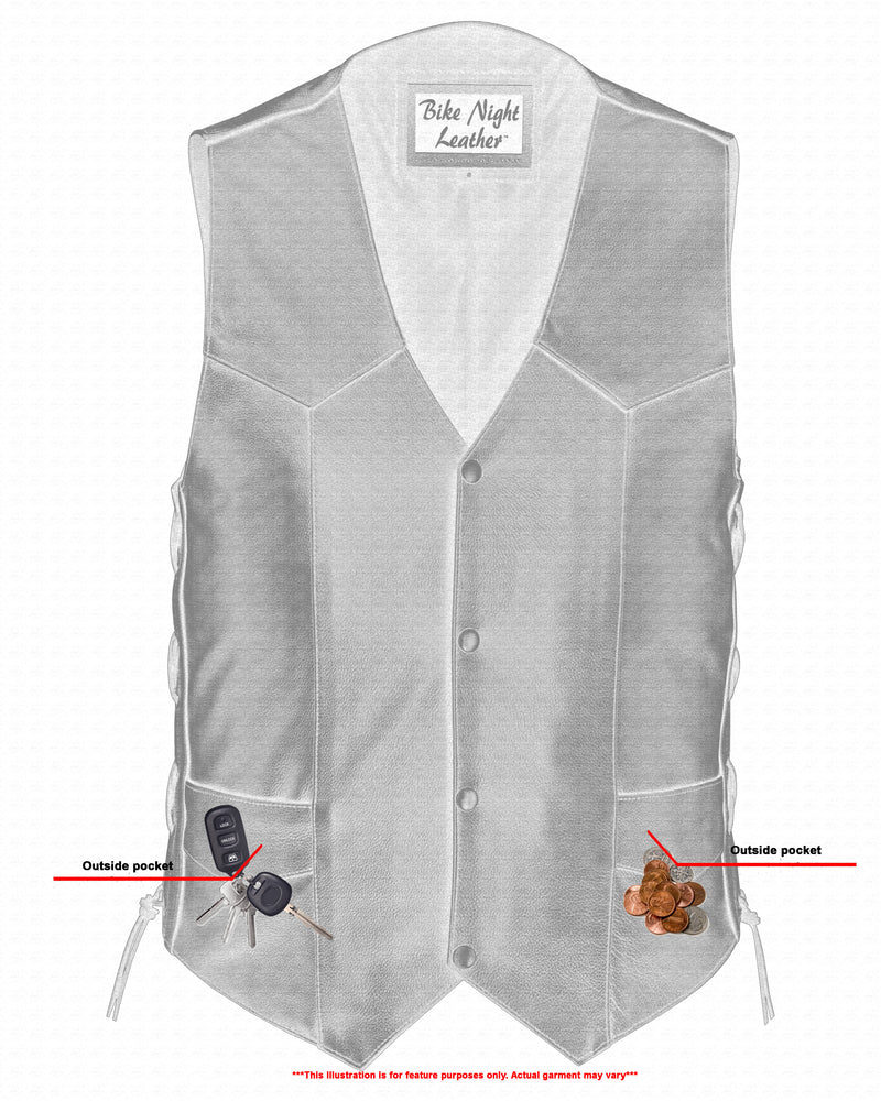 Illustration of a Daniel Smart Men's Side Lace Economy Vest in gray with labeled outside pockets, one containing keys and the other coins, against a white background.