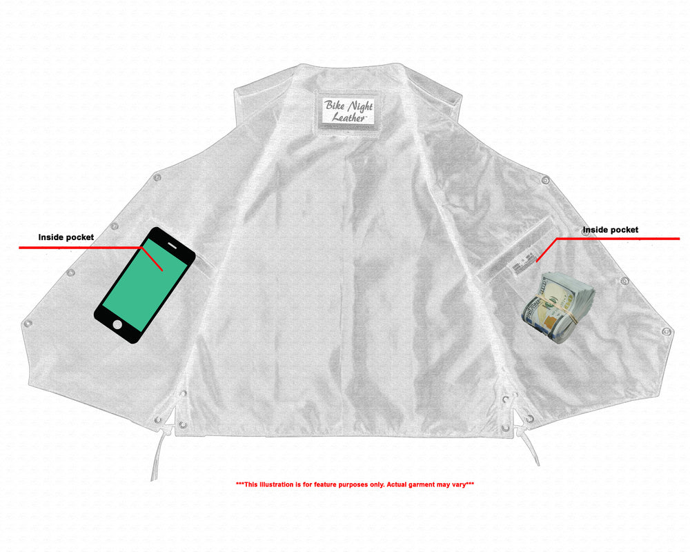 A diagram of a men's leather biker vest showing two inside pockets, one holding a smartphone and the other a bundle of cash. The text on the image states, "This illustration is for feature purposes only. Actual Daniel Smart Men's Side Lace Economy Vest may vary.