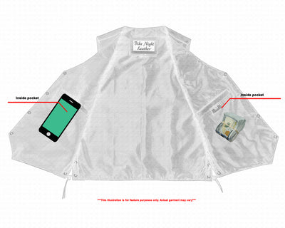 A diagram of a men's leather biker vest showing two inside pockets, one holding a smartphone and the other a bundle of cash. The text on the image states, "This illustration is for feature purposes only. Actual Daniel Smart Men's Side Lace Economy Vest may vary.