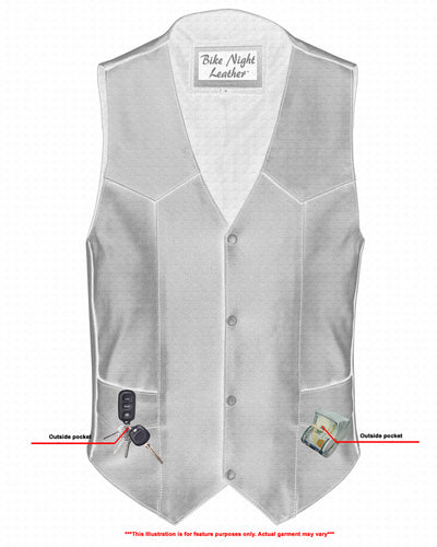 Illustration of the Daniel Smart Men's Plain Side Economy Vest in black leather, featuring two outside pockets—one containing a key and the other a phone. The tag reads "Bike Night Leather" from Daniel Smart Manufacturing. A footnote mentions that the actual garment may vary.