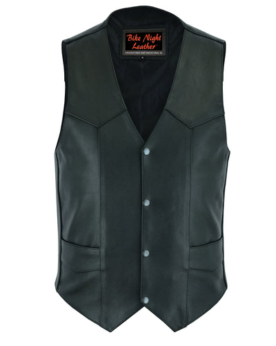 A black leather biker vest from Daniel Smart Manufacturing with the product name "Daniel Smart Men's Plain Side Economy Vest" features a V-neck, snap-button front, and two front pockets. The label reads "Bike Night Leather.