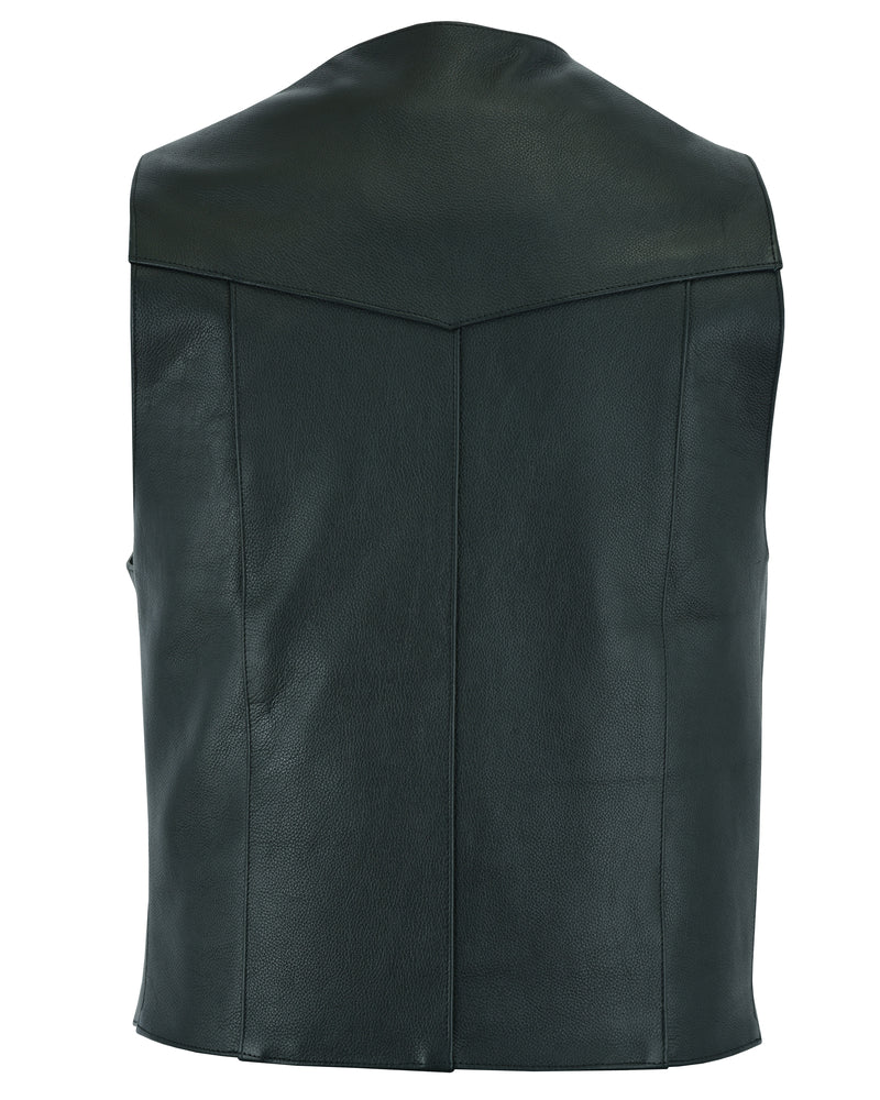 Back view of the Daniel Smart Men's Plain Side Economy Vest, a black leather biker vest featuring a sleeveless design and yoke pattern at the shoulders.