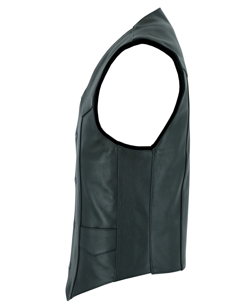 Side view of the Daniel Smart Men's Plain Side Economy Vest, showcasing a black leather biker vest design with a button-front closure and a single waist pocket.