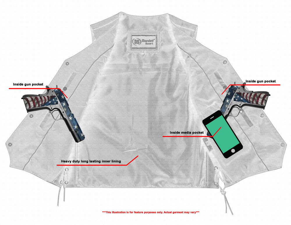 Image of the inside of a men's black leather vest displaying two inside gun pockets, each holding a gun, and one inside media pocket holding a smartphone. The Daniel Smart Traditional Single Back Panel Concealed Carry Vest features a heavy-duty, long-lasting inner lining.