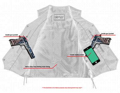 Image of the inside of a men's black leather vest displaying two inside gun pockets, each holding a gun, and one inside media pocket holding a smartphone. The Daniel Smart Traditional Single Back Panel Concealed Carry Vest features a heavy-duty, long-lasting inner lining.