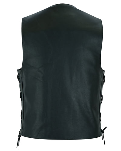 Back view of a men's black leather vest with side laces, perfect for motorcycle gear and featuring a concealed carry option, the Daniel Smart Traditional Single Back Panel Concealed Carry Vest.