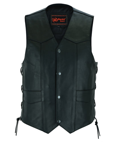 This men's black leather vest features a button-up front, two front pockets, and lacing details on the sides. Ideal as motorcycle gear, it includes a concealed carry pocket for added convenience. The label inside reads "Daniel Smart Traditional Single Back Panel Concealed Carry Vest" in bold red and white text.