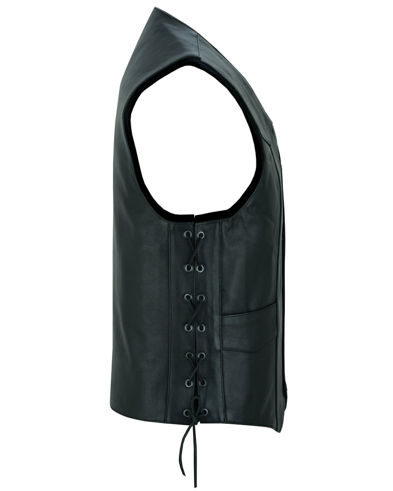 Side view of a men's black leather vest featuring lace-up sides, a front pocket, and concealed carry options. This Daniel Smart Traditional Single Back Panel Concealed Carry Vest is essential motorcycle gear.