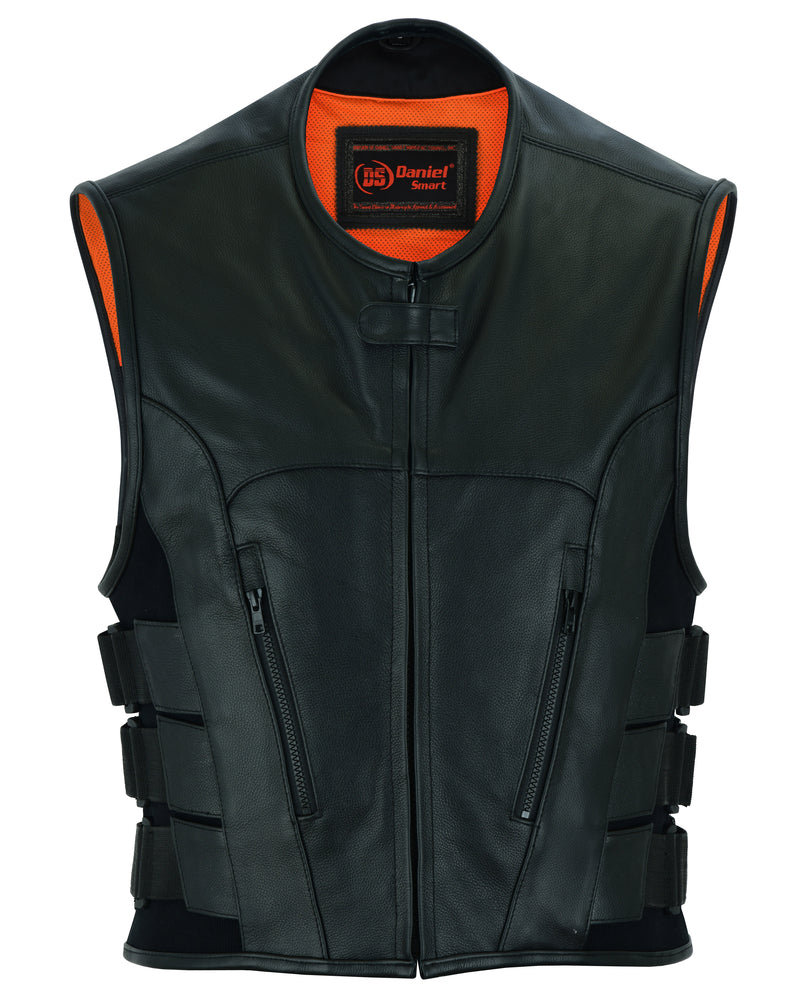 Men's Daniel Smart Updated SWAT Team Style Vest in black leather with orange accents, front concealed carry pockets, and adjustable side straps, featuring a visible logo at the neckline.