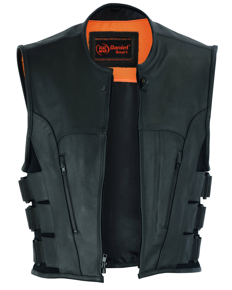 Black leather Daniel Smart men's updated SWAT Team style vest featuring adjustable side straps and concealed carry pockets, with an orange and black logo on the inner lining.