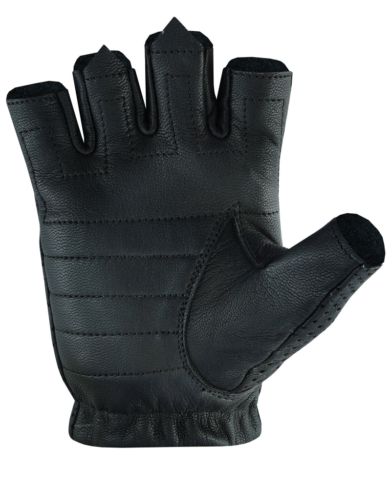 A black Daniel Smart Women's Tough Perforated Fingerless Glove with a gel palm displayed against a white background.