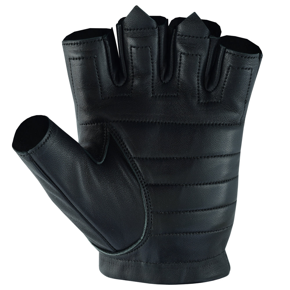 A black fingerless glove made of Daniel Smart Men's Hardy Deer Skin leather with a gel palm lying flat.