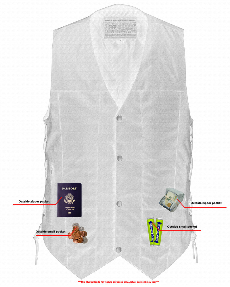 Illustration of a Daniel Smart Men's Textile Ten Pocket Utility Vest with multiple pockets labeled for specific items such as a passport, money, and a phone charger.