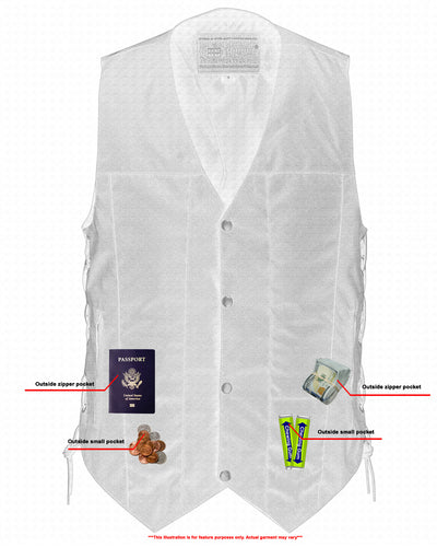 Illustration of a Daniel Smart Men's Textile Ten Pocket Utility Vest with multiple pockets labeled for specific items such as a passport, money, and a phone charger.